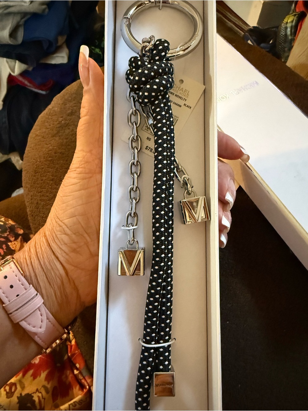 Michael Kors Black and White Polka Dot Rope Keychain with Silver Hardware